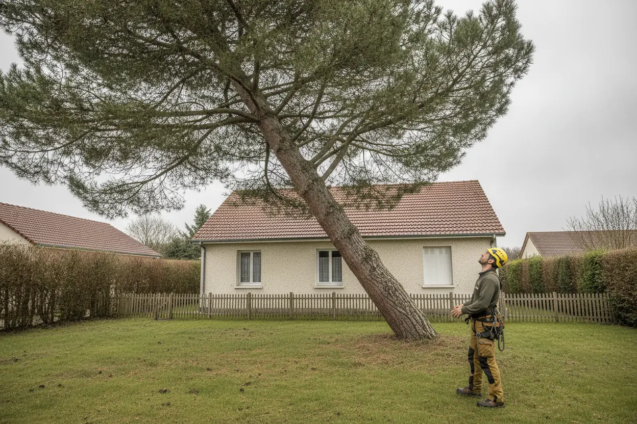 Grand pin maritime penché vers la toiture d'un pavillon avant abattage à Cholet