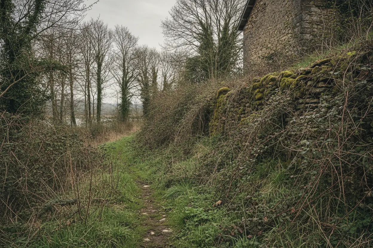 Talus envahi de ronces le long d'un corps de ferme avant débroussaillage près de Ribou