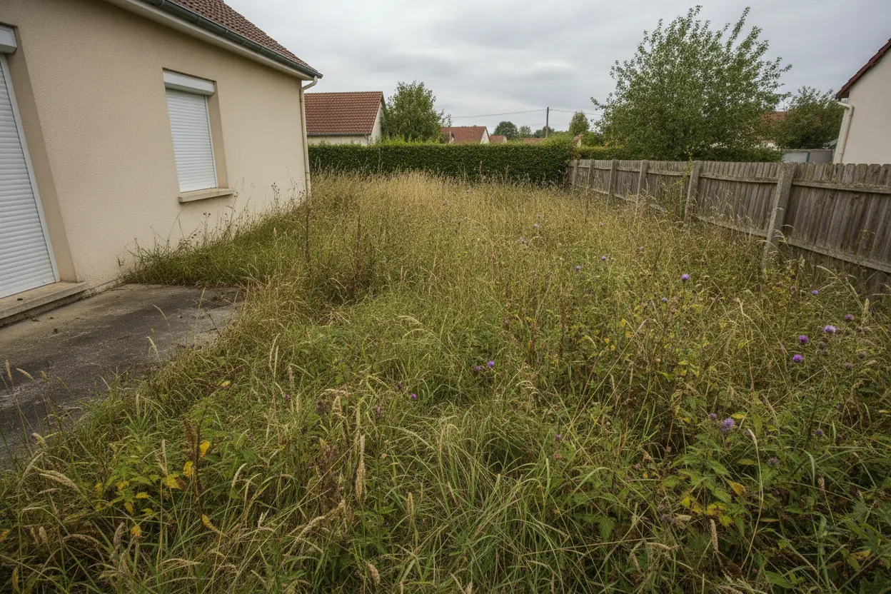 Friche en herbes hautes derrière un pavillon avant débroussaillage à Saint-Christophe-du-Bois