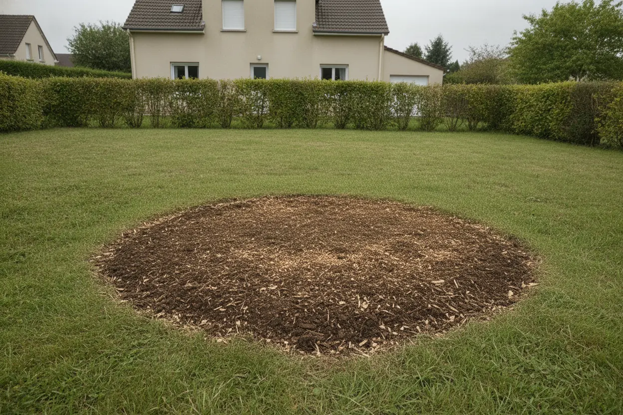 Sol nivelé et copeaux à la place de la souche après dessouchage à Cholet