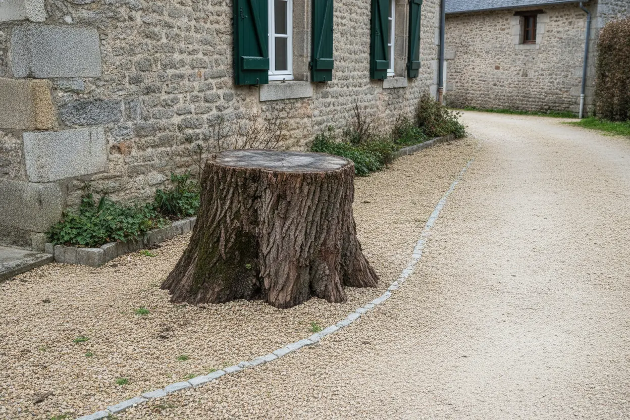 Souche de feuillu au bord d'une allée gravillonnée avant dessouchage à Mortagne-sur-Sèvre