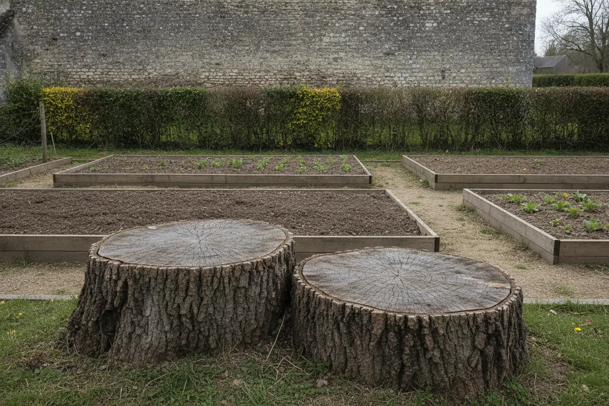 Souches en bordure d'un potager avant dessouchage à La Séguinière
