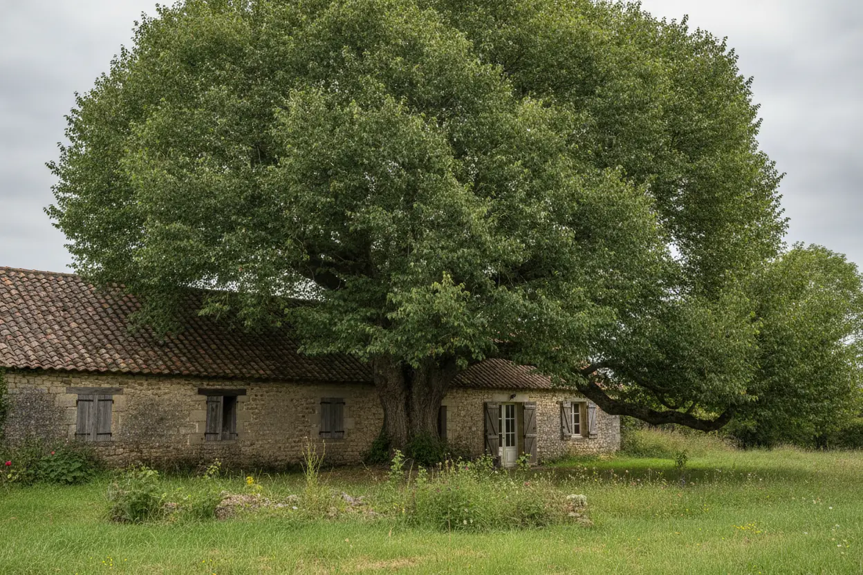 Grand tilleul dense dont les branches touchent la toiture avant élagage à Cholet