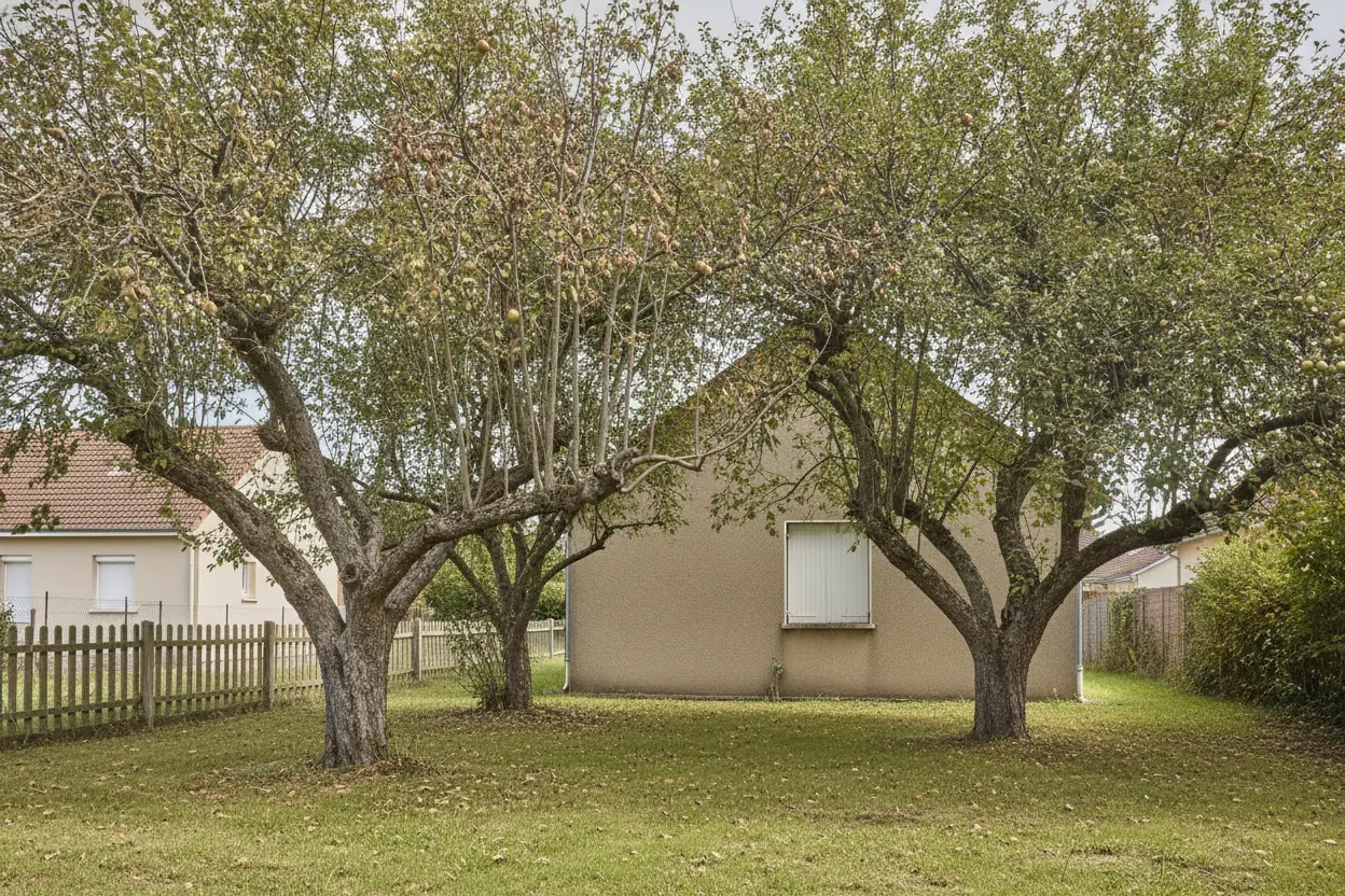 Arbres fruitiers non taillés et enchevêtrés avant élagage à La Tessoualle