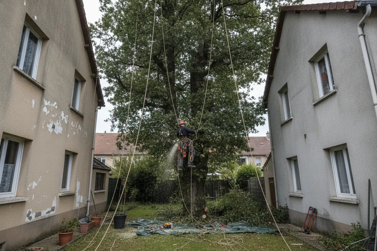 Grand chêne haut en accès contraint entre deux maisons avant démontage par un élagueur grimpeur à Cholet