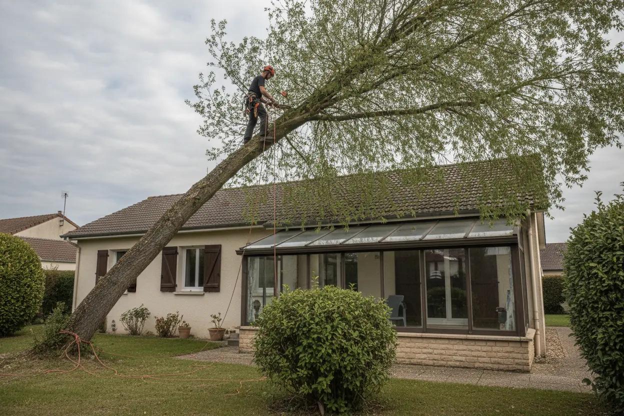 Peuplier haut penché au-dessus d'une véranda avant démontage à La Séguinière