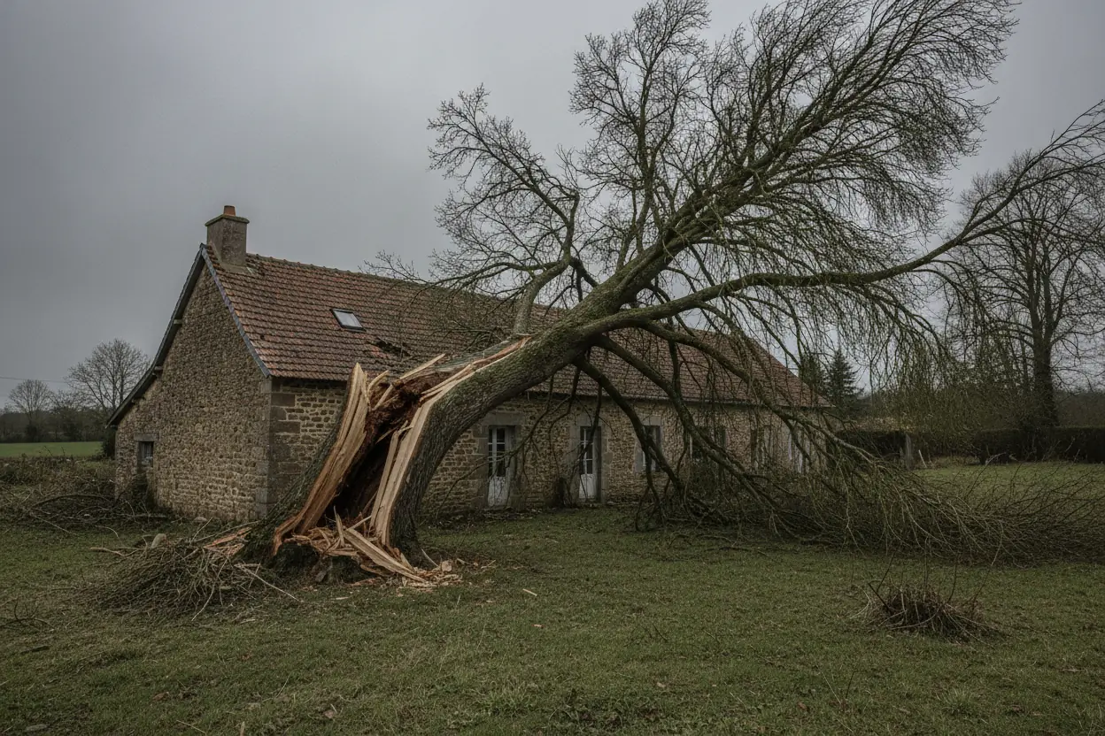 Arbre fendu penché sur la toiture d'une longère avant intervention d'urgence à La Tessoualle