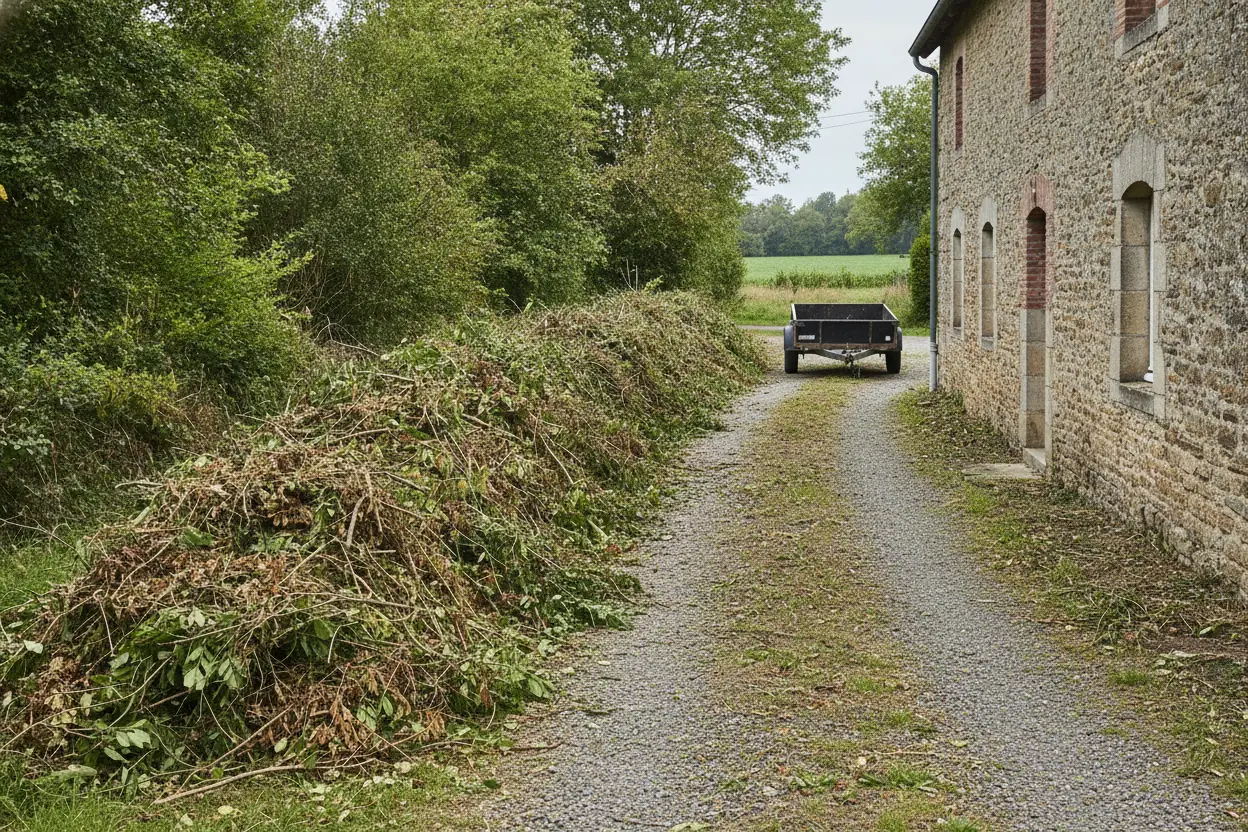 Amas de tailles de haie le long d'une allée avant ramassage des déchets verts à La Séguinière