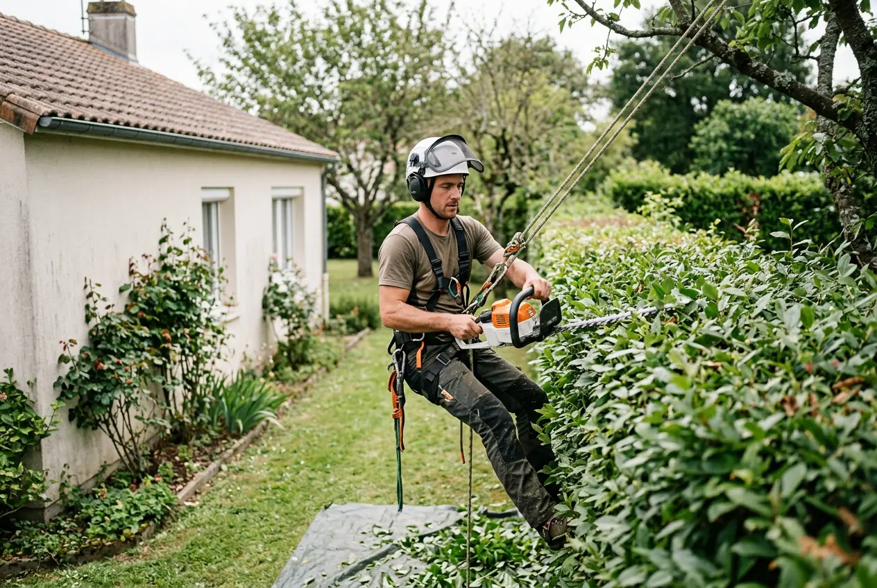 Taille de haie dans un jardin de Maulévrier